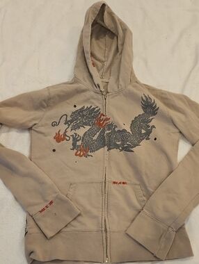 Beige Dragon Zip-Up Hoodie with Red Accent